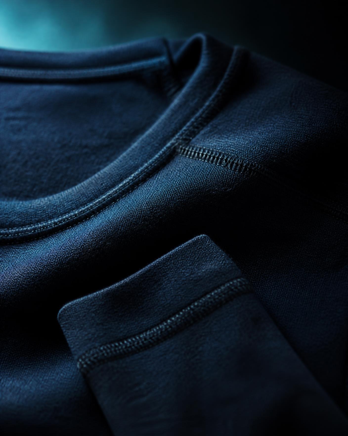 Close detail of the collar, shoulder seam and cuff on the Hadal merino sleep top